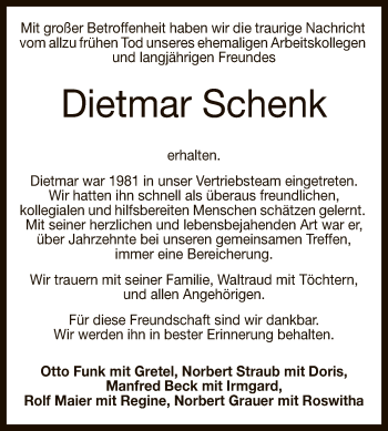 Anzeige von Dietmar Schenk von Reutlinger General-Anzeiger