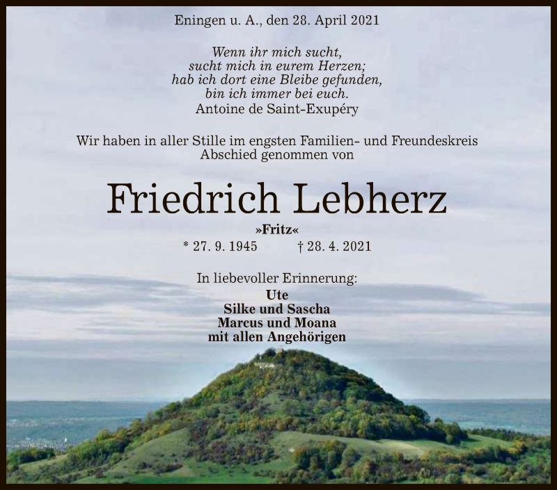  Traueranzeige für Friedrich Lebherz vom 08.05.2021 aus Reutlinger General-Anzeiger