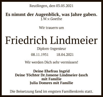 Anzeige von Friedrich Lindmeier von Reutlinger General-Anzeiger