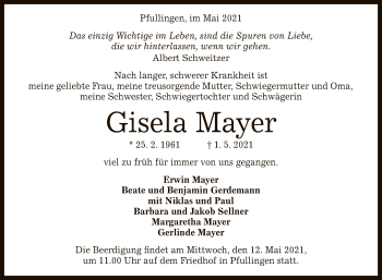 Anzeige von Gisela Mayer von Reutlinger General-Anzeiger