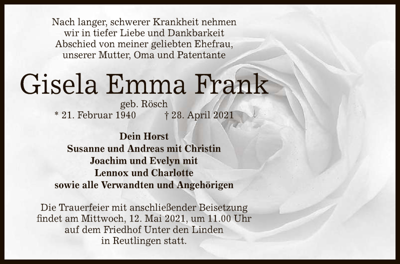  Traueranzeige für Gisela Emma Frank vom 08.05.2021 aus Reutlinger General-Anzeiger