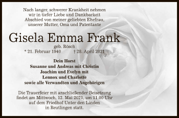 Anzeige von Gisela Emma Frank von Reutlinger General-Anzeiger