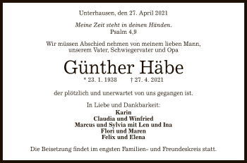 Anzeige von Günther Häbe von Reutlinger General-Anzeiger