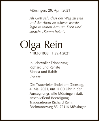 Anzeige von Olga Rein von Reutlinger General-Anzeiger