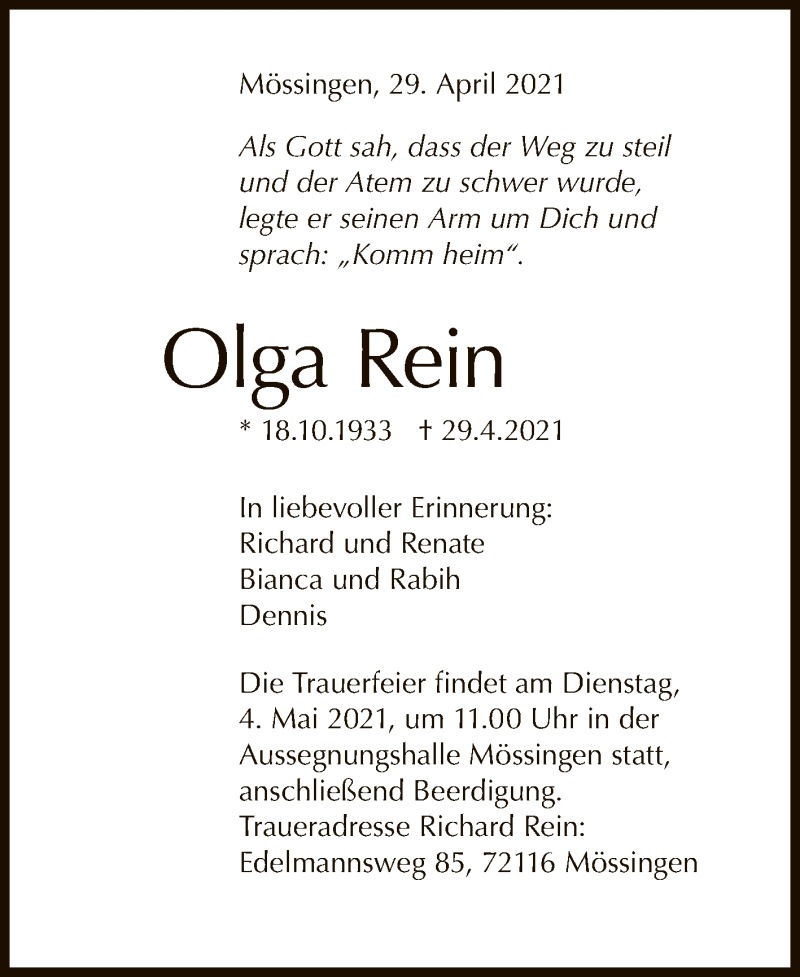  Traueranzeige für Olga Rein vom 04.05.2021 aus Reutlinger General-Anzeiger
