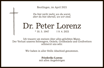 Anzeige von Peter Lorenz von Reutlinger General-Anzeiger