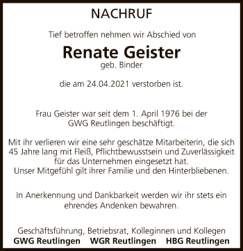 Anzeige von Renate Geister von Reutlinger General-Anzeiger