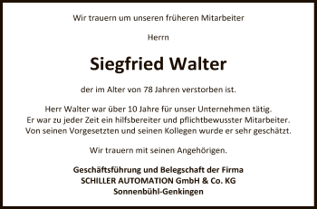 Anzeige von Siegfried Walter von Reutlinger General-Anzeiger