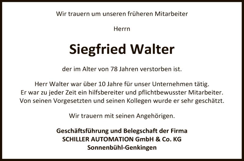  Traueranzeige für Siegfried Walter vom 04.05.2021 aus Reutlinger General-Anzeiger