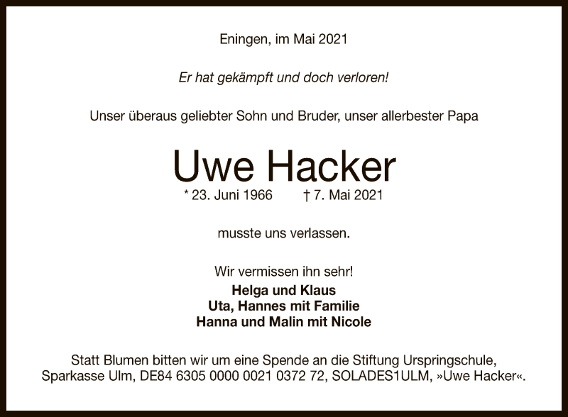  Traueranzeige für Uwe Hacker vom 08.05.2021 aus Reutlinger General-Anzeiger