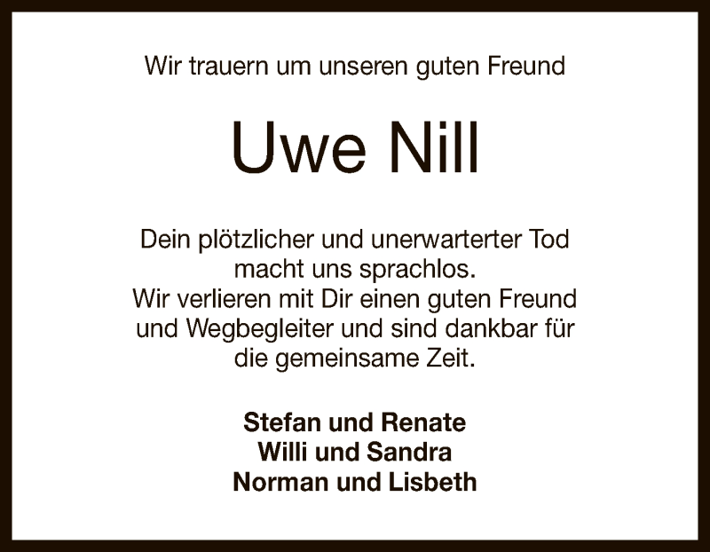  Traueranzeige für Uwe Nill vom 04.05.2021 aus Reutlinger General-Anzeiger