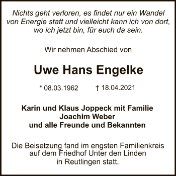 Anzeige von Uwe Hans Engelke von Reutlinger General-Anzeiger