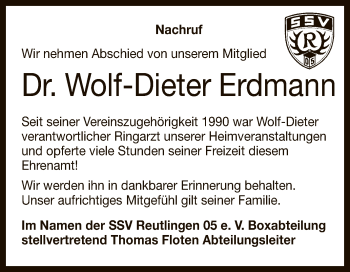 Anzeige von Wolf-Dieter Erdmann von Reutlinger General-Anzeiger