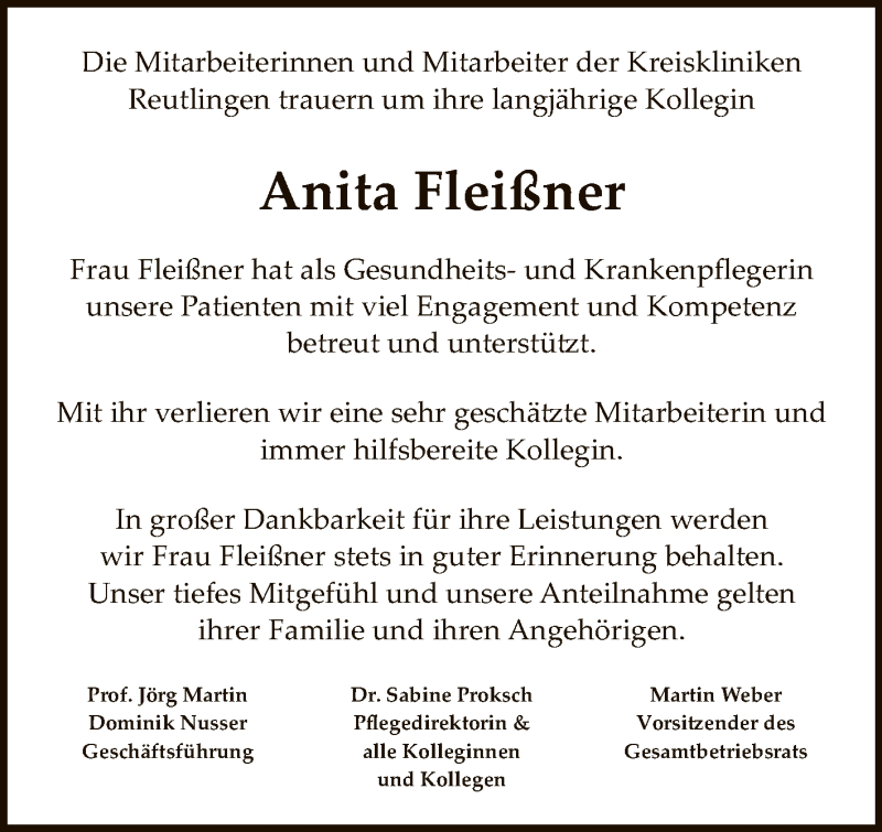  Traueranzeige für Anita Fleißner vom 29.05.2021 aus Reutlinger General-Anzeiger