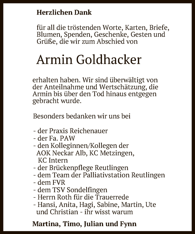  Traueranzeige für Armin Goldhacker vom 11.05.2021 aus Reutlinger General-Anzeiger