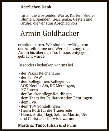 Anzeige von Armin Goldhacker von Reutlinger General-Anzeiger