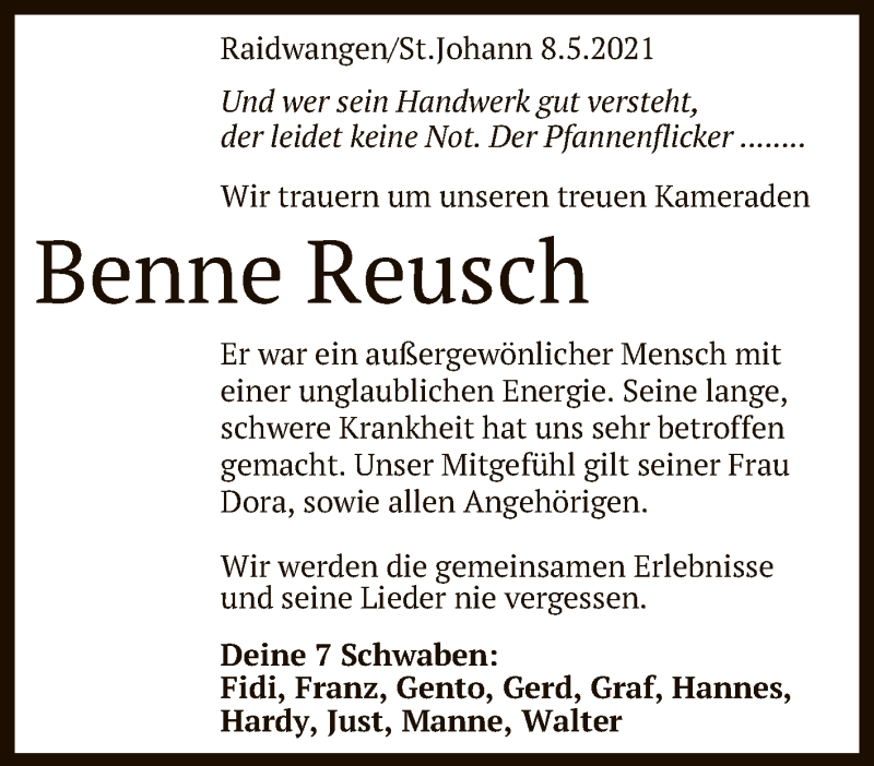  Traueranzeige für Benne Reusch vom 15.05.2021 aus Reutlinger General-Anzeiger
