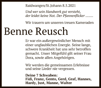 Anzeige von Benne Reusch von Reutlinger General-Anzeiger