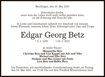 Anzeige von Edgar Georg Betz von Reutlinger General-Anzeiger