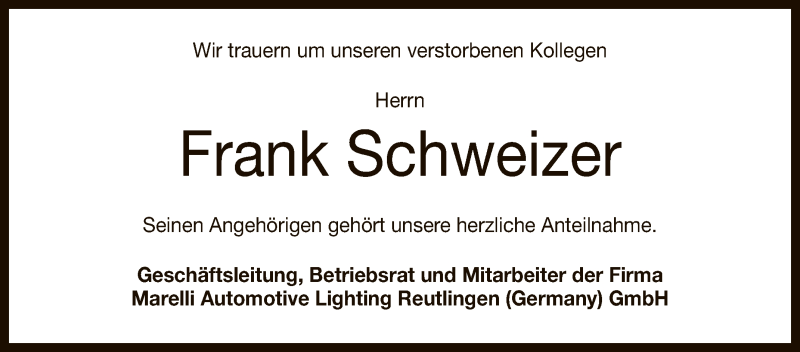  Traueranzeige für Frank Schweizer vom 27.05.2021 aus Reutlinger General-Anzeiger