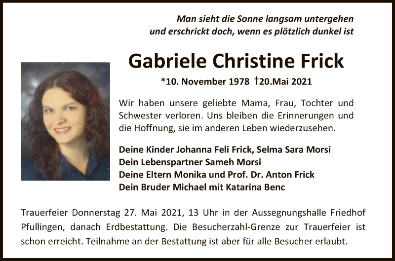  Traueranzeige für Gabriele Christine Frick vom 26.05.2021 aus Reutlinger General-Anzeiger