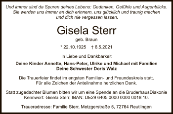 Anzeige von Gisela Sterr von Reutlinger General-Anzeiger