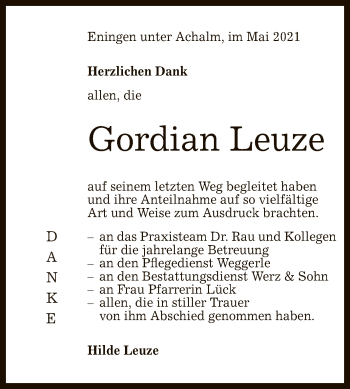 Anzeige von Gordian Leuze von Reutlinger General-Anzeiger