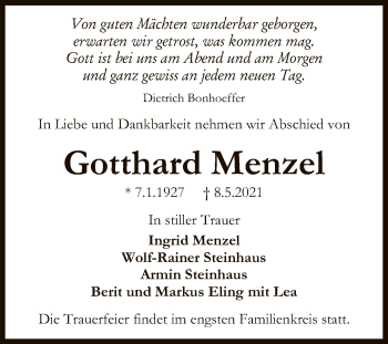 Anzeige von Gotthard Menzel von Reutlinger General-Anzeiger