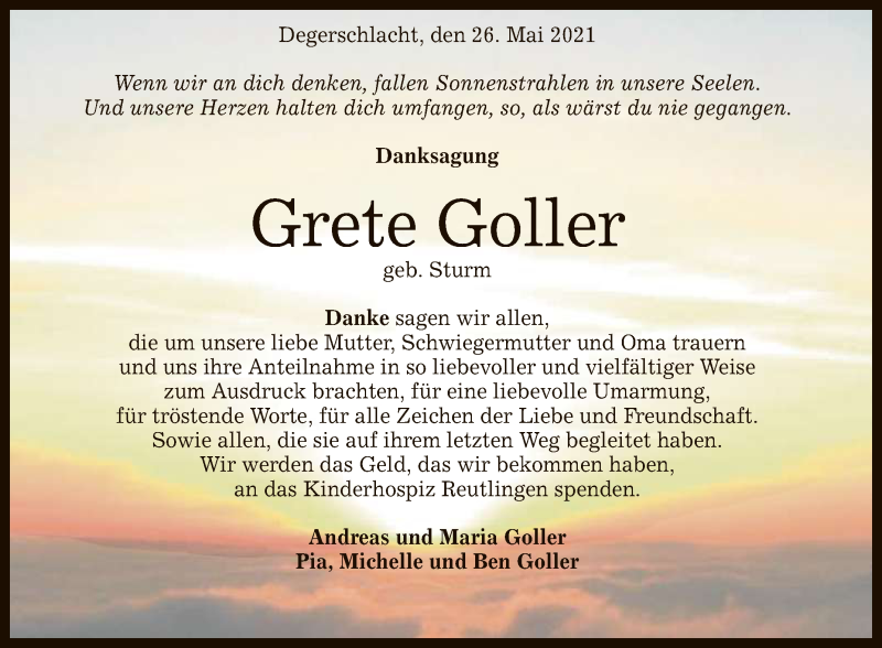  Traueranzeige für Grete Goller vom 29.05.2021 aus Reutlinger General-Anzeiger