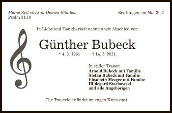 Anzeige von Günther Bubeck von Reutlinger General-Anzeiger