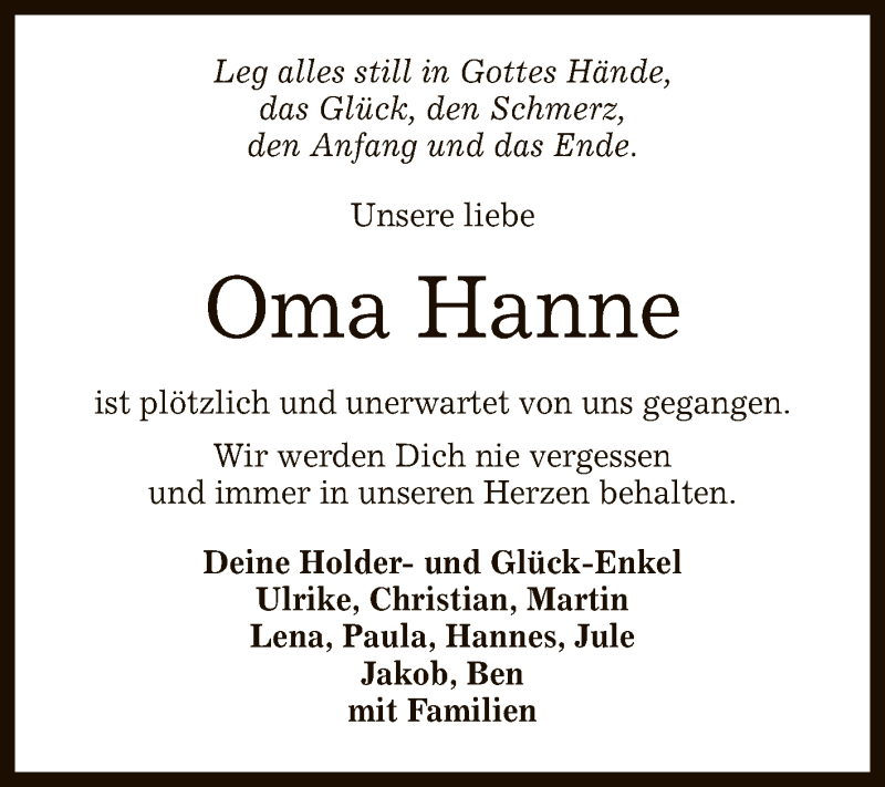  Traueranzeige für Hanne  vom 15.05.2021 aus Reutlinger General-Anzeiger