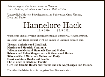 Anzeige von Hannelore Hack von Reutlinger General-Anzeiger