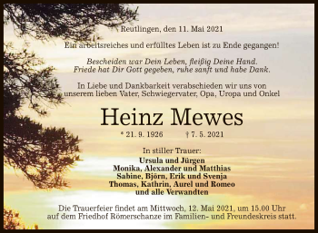 Anzeige von Heinz Mewes von Reutlinger General-Anzeiger