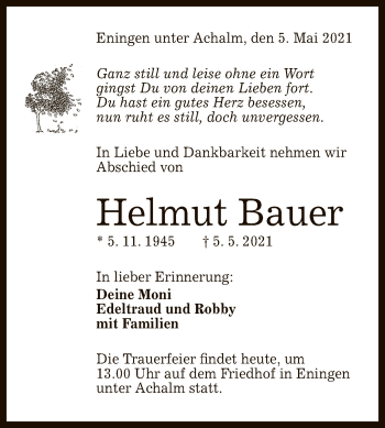 Anzeige von Helmut Bauer von Reutlinger General-Anzeiger