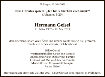 Anzeige von Hermann Geisel von Reutlinger General-Anzeiger