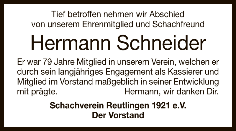  Traueranzeige für Hermann Schneider vom 29.05.2021 aus Reutlinger General-Anzeiger