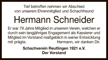 Anzeige von Hermann Schneider von Reutlinger General-Anzeiger