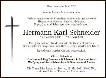 Anzeige von Hermann Karl Schneider von Reutlinger General-Anzeiger