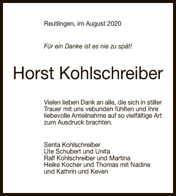 Anzeige von Horst Kohlschreiber von Reutlinger General-Anzeiger