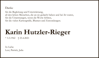 Anzeige von Karin Hutzler-Rieger von Reutlinger General-Anzeiger
