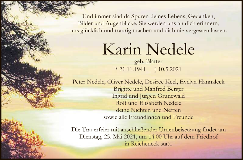  Traueranzeige für Karin Nedele vom 15.05.2021 aus Reutlinger General-Anzeiger