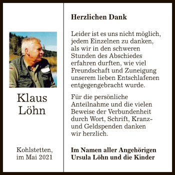 Anzeige von Klaus Löhn von Reutlinger General-Anzeiger