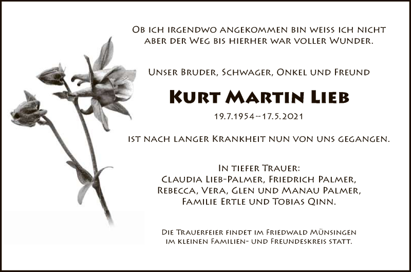  Traueranzeige für Kurt Martin Lieb vom 21.05.2021 aus Reutlinger General-Anzeiger