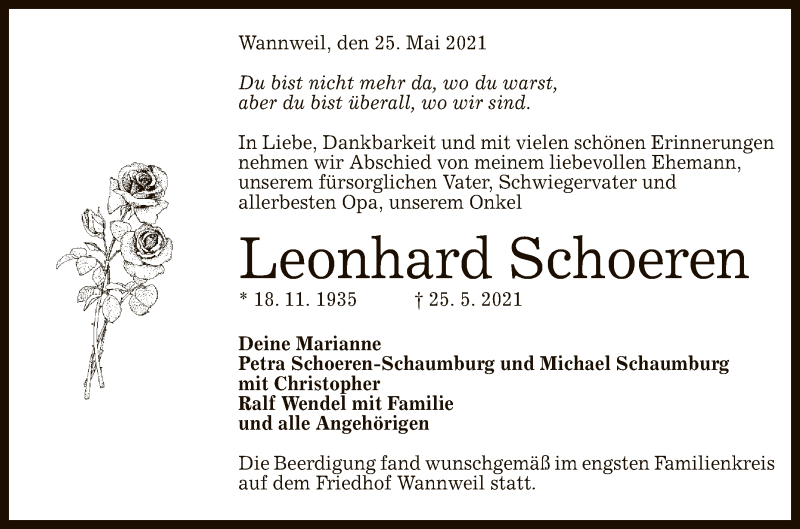  Traueranzeige für Leonhard Schoeren vom 29.05.2021 aus Reutlinger General-Anzeiger
