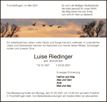 Anzeige von Luise Riedinger von Reutlinger General-Anzeiger