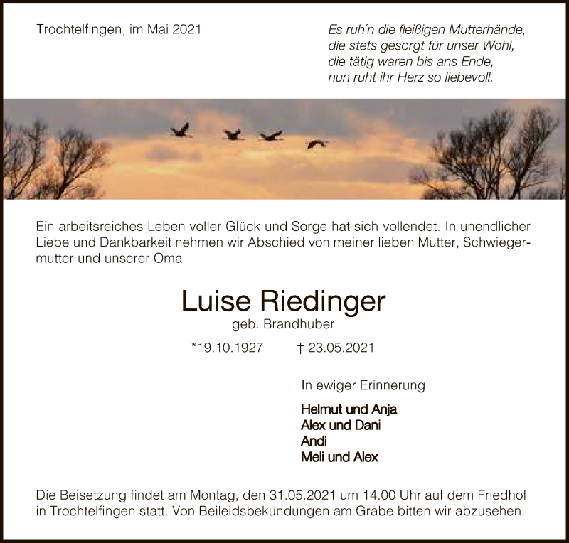  Traueranzeige für Luise Riedinger vom 28.05.2021 aus Reutlinger General-Anzeiger