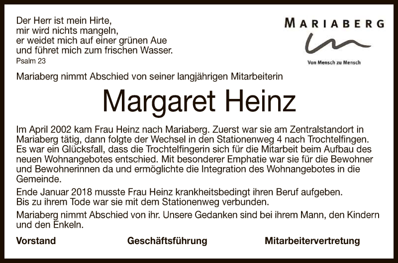  Traueranzeige für Margaret Heinz vom 11.05.2021 aus Reutlinger General-Anzeiger