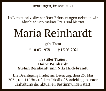 Anzeige von Maria Reinhardt von Reutlinger General-Anzeiger