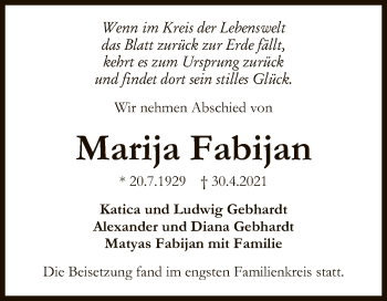 Anzeige von Marija Fabijan von Reutlinger General-Anzeiger