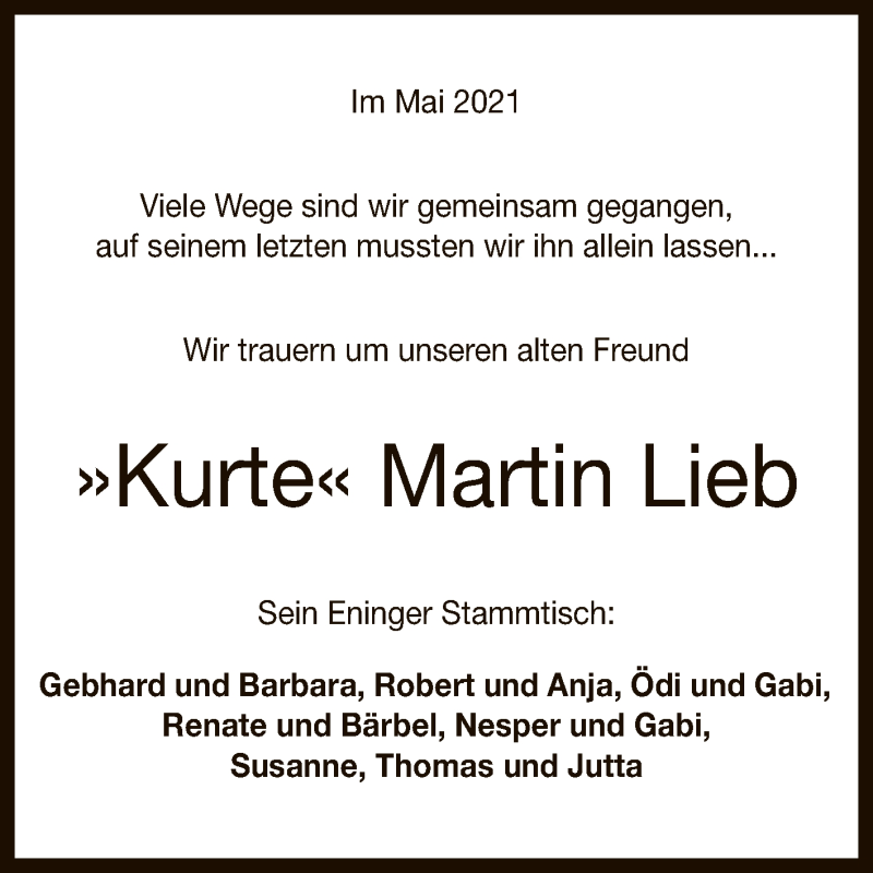  Traueranzeige für Martin Lieb vom 26.05.2021 aus Reutlinger General-Anzeiger